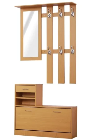 Promozione EasyComfort Set Mobili Ingresso Moderno con Scarpiera e Specchio, Appendiabiti da Ingresso con 6 Ganci, 2 Ripiani Regolabili e Cassetti in Legno per Corridoio, 90x24x166 cm, Legno